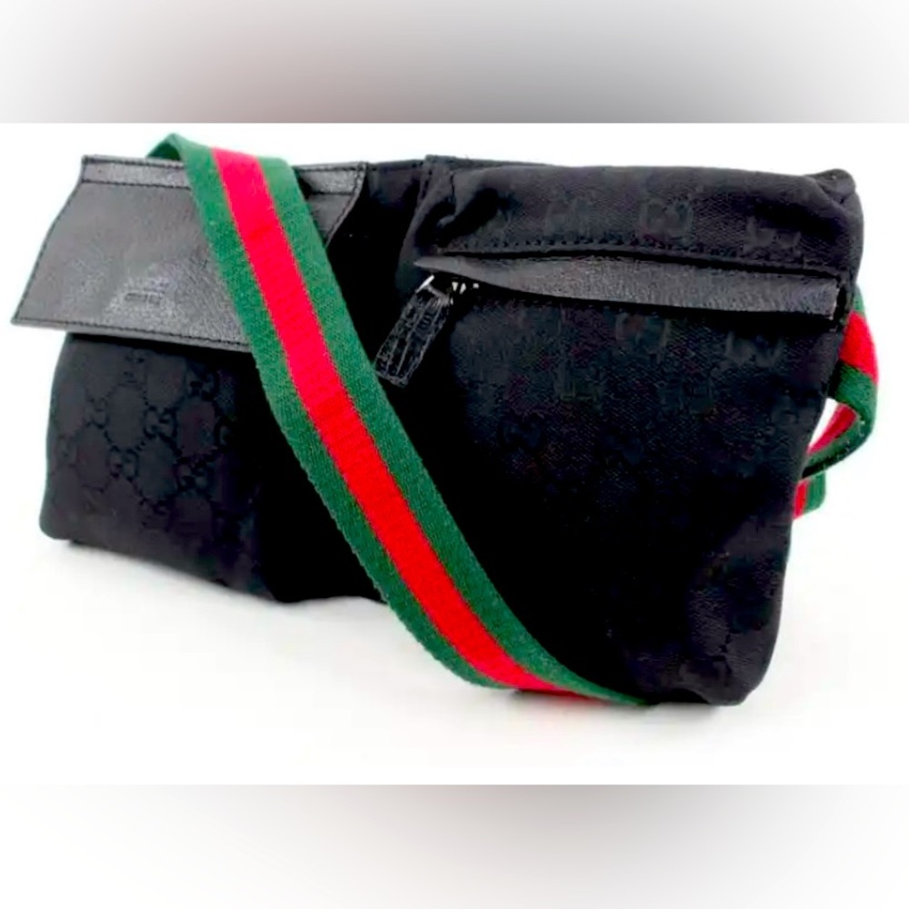 Gucci Black Monogram GG Web Belt Bag Fanny Pack